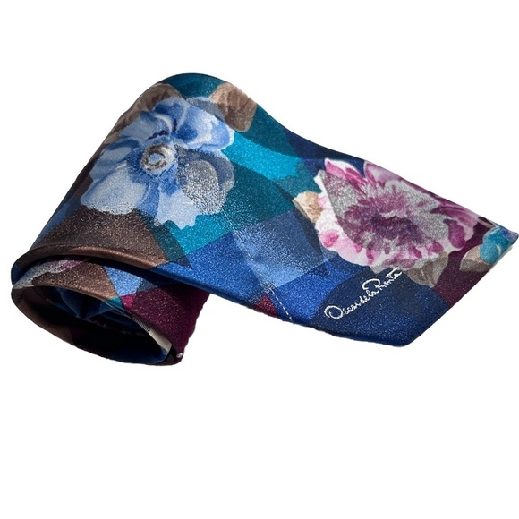 Oscar de la Renta Red Blue Green Floral Print Tie - Picture 1 of 16